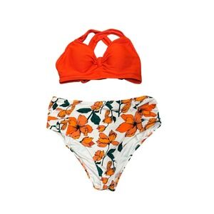 Cupshe Womens Orange Ribbed Twist Front Bikini Top & Floral High Waist Bottoms